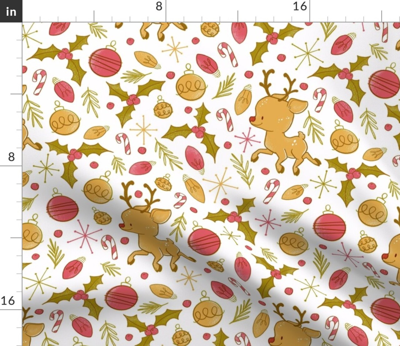 Cute Reindeer Christmas Holly Branch Ornament Berry Candy Cane Mid Century Modern Custom Printed Fabric by Spoonflower Various Fabrics by the Yard or Fat Quarter